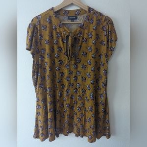 Modcloth Feeling Feminine Mustard Floral Knit Peplum Blouse